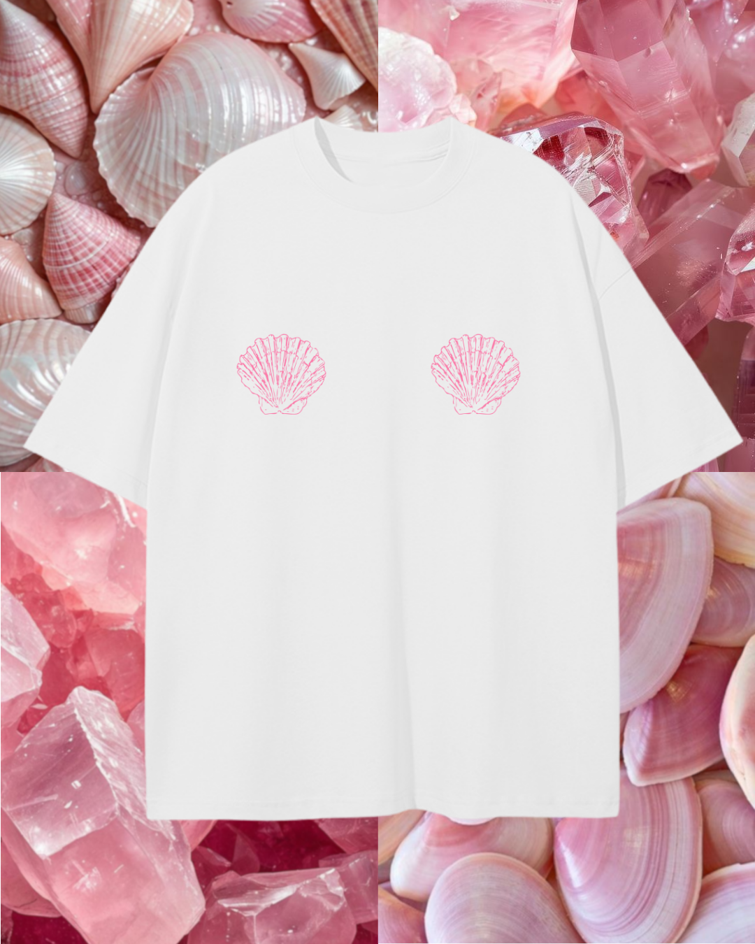 Футболка оверсайз біла з рожевими мушлями принт