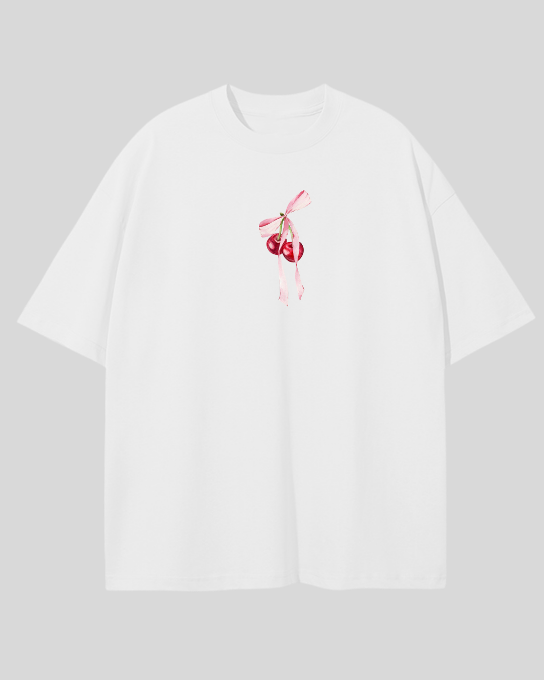 Футболка оверсайз біла Вишеньки з бантиком