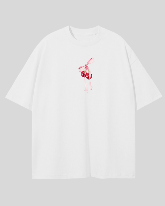 Футболка оверсайз біла Вишеньки з бантиком