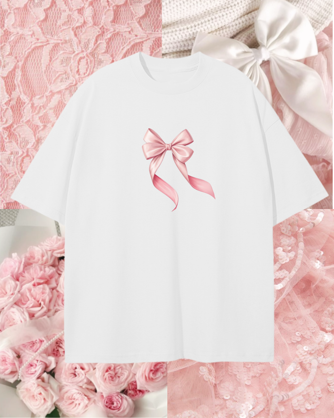 Футболка оверсайз біла рожевий бант