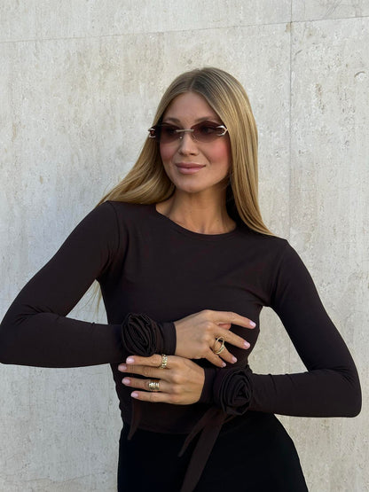 Лонг з трояндами на рукавах шоколад