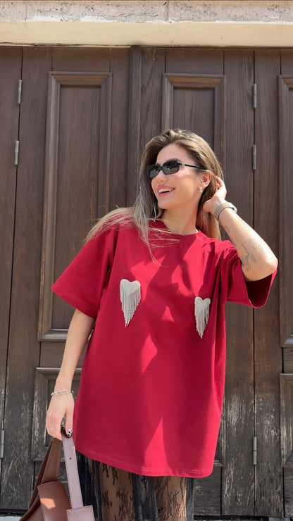 Футболка оверсайз з сердечками з страз