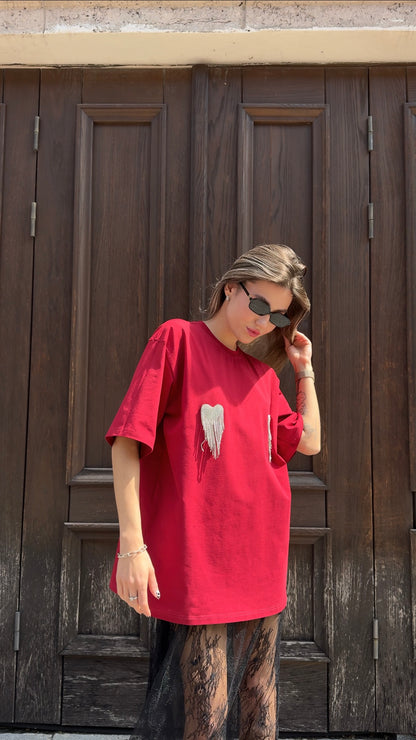 Футболка оверсайз з сердечками з страз