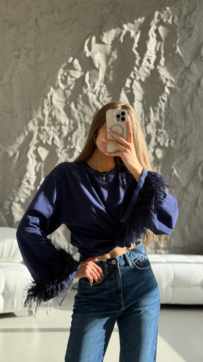 Лонгслів з натуральним страусиним пірʼям