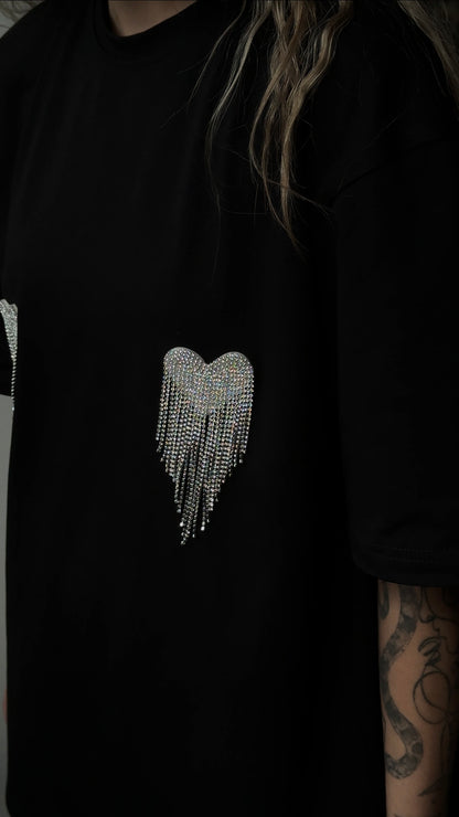 Футболка оверсайз з сердечками з страз