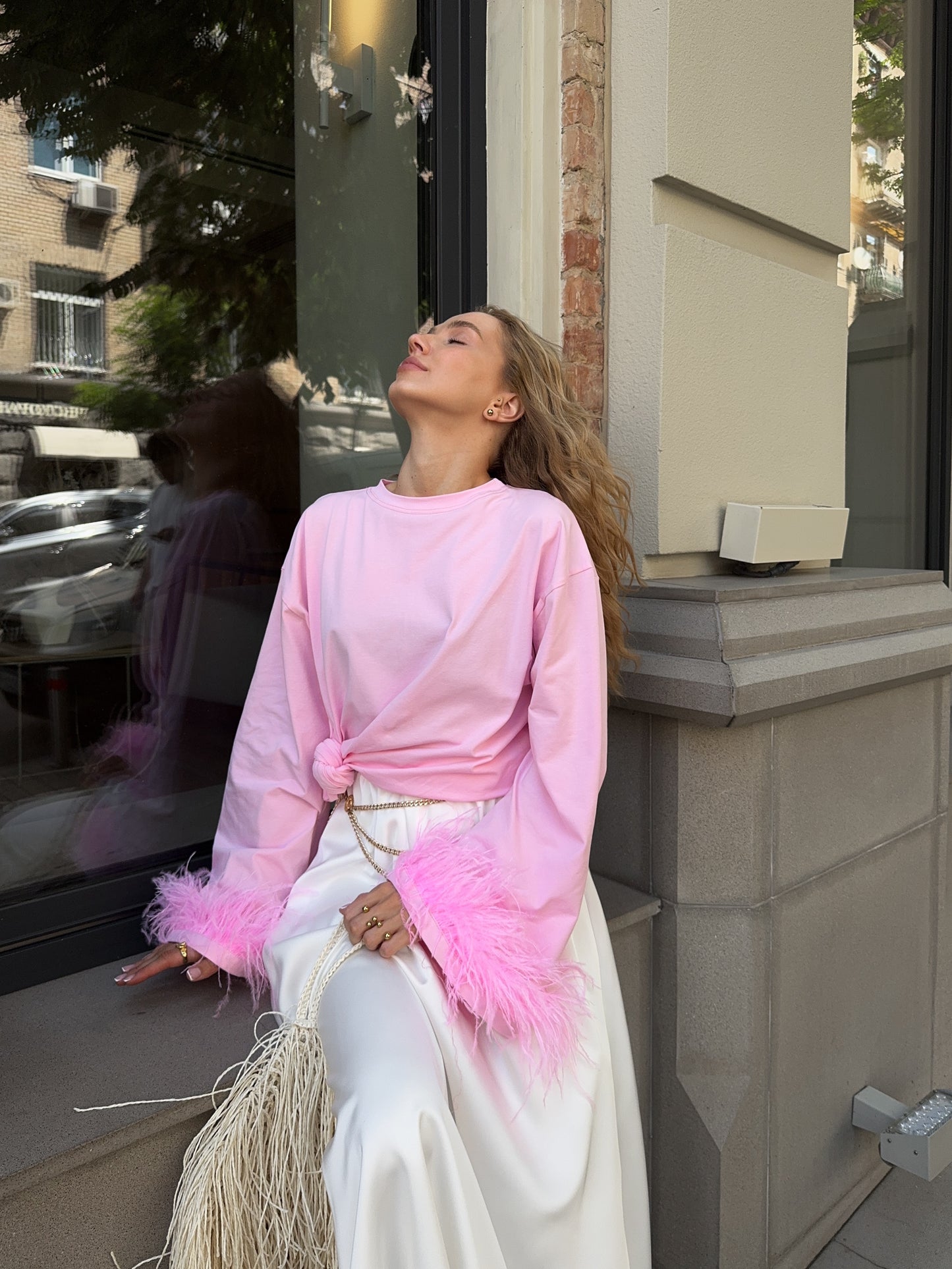 Лонгслів з натуральним страусиним пірʼям