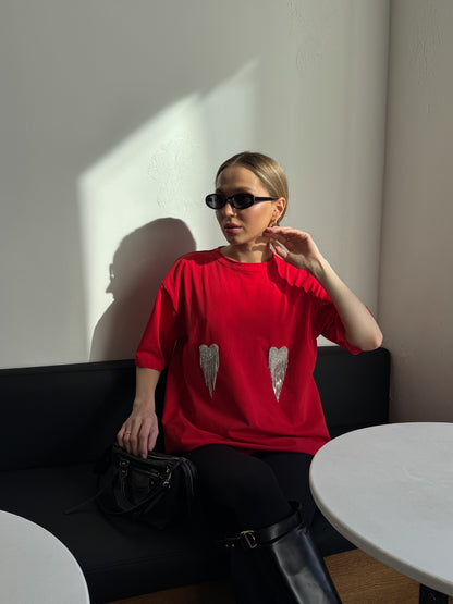 Футболка оверсайз з сердечками з страз