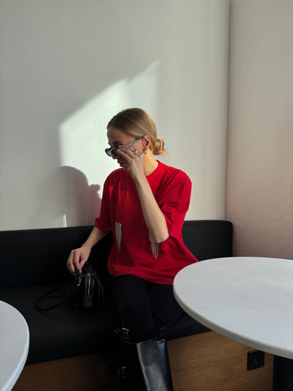 Футболка оверсайз з сердечками з страз