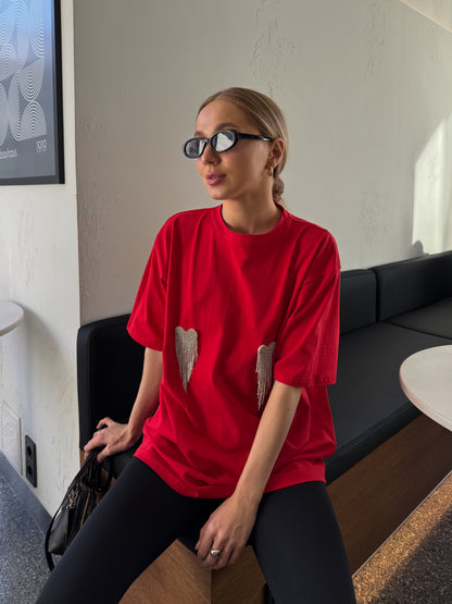 Футболка оверсайз з сердечками з страз